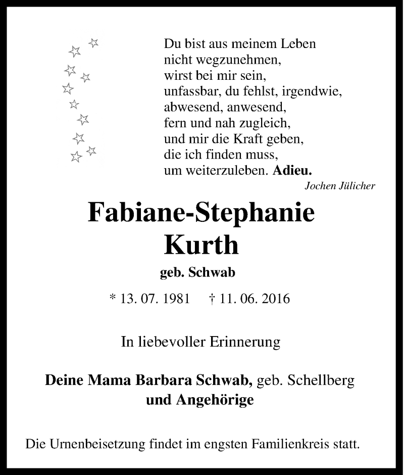  Traueranzeige für Fabiane K. vom 13.07.2016 aus Tageszeitung