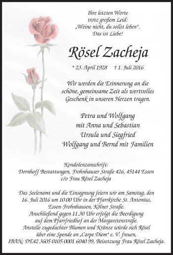 Traueranzeige von Rösel Zacheja von Tageszeitung