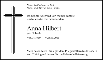 Traueranzeige von Anna Hilbert von Tageszeitung