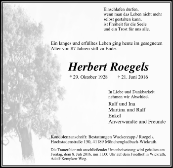 Traueranzeige von Herbert Roegels von Tageszeitung