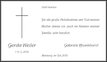Traueranzeige von Gerda Weiler von Tageszeitung