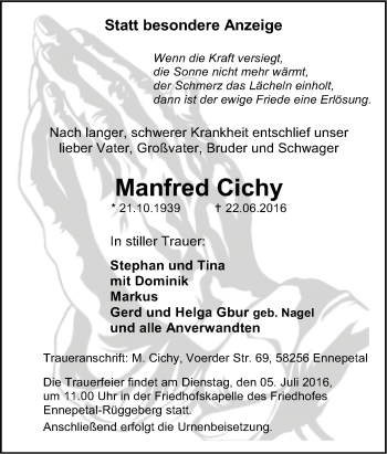 Traueranzeige von Manfred Cichy von Tageszeitung