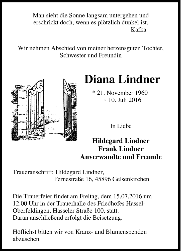  Traueranzeige für Diana Lindner vom 14.07.2016 aus Tageszeitung