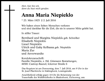 Traueranzeige von Anna Maria Niepieklo von Tageszeitung
