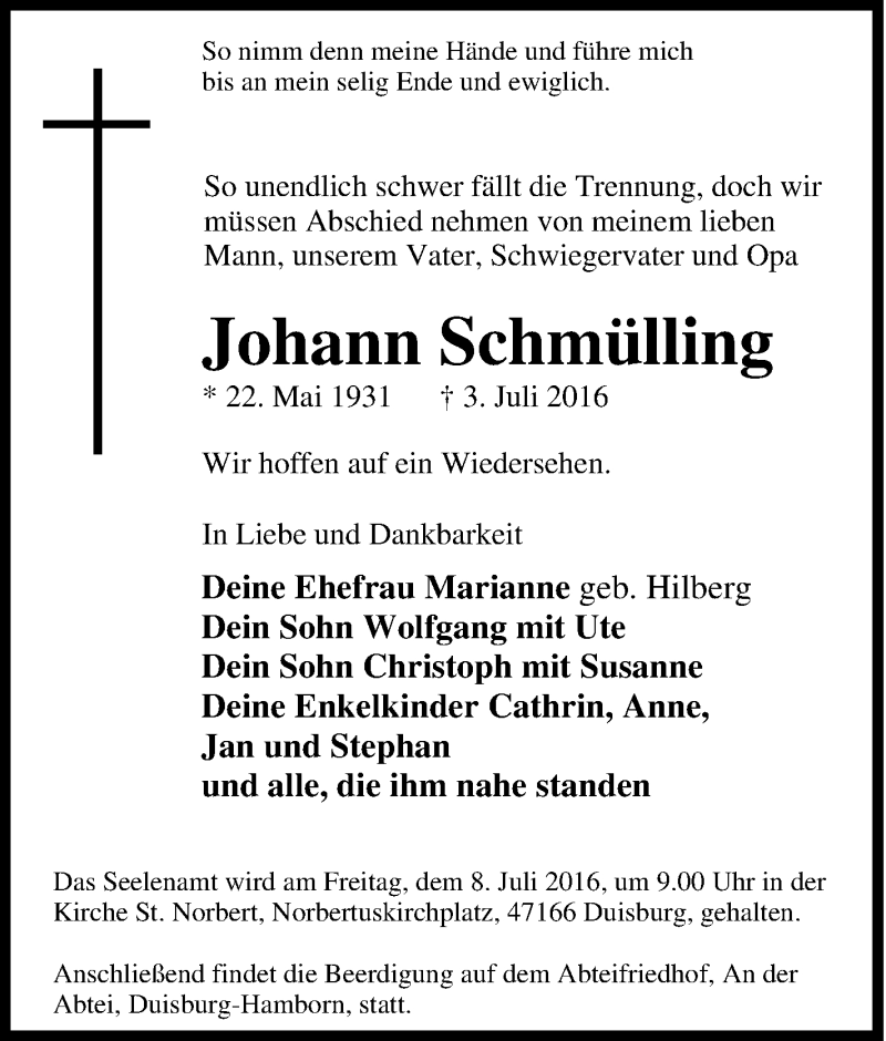  Traueranzeige für Johann Schmülling vom 06.07.2016 aus Tageszeitung