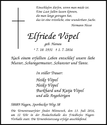 Traueranzeige von Elfriede Vöpel von Tageszeitung