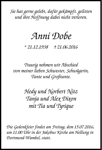 Traueranzeige von Anni Dobe von Tageszeitung