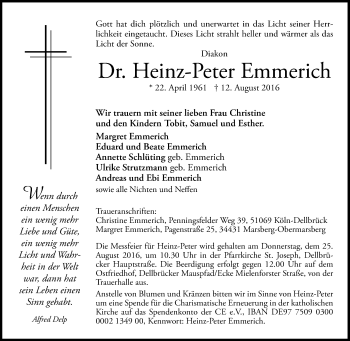 Traueranzeige von Heinz-Peter Emmerich von Tageszeitung