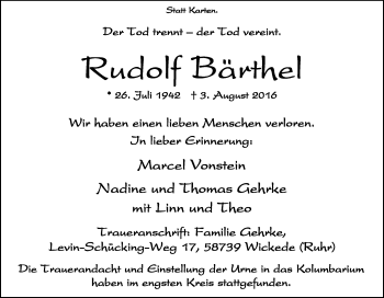 Traueranzeige von Rudolf Bärthel von Tageszeitung