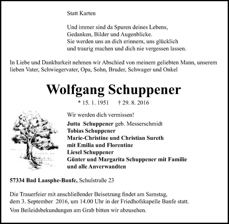  Traueranzeige für Wolfgang Schuppener vom 31.08.2016 aus Tageszeitung