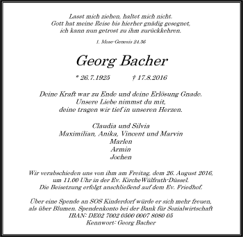 Traueranzeige von Georg Bacher von Tageszeitung