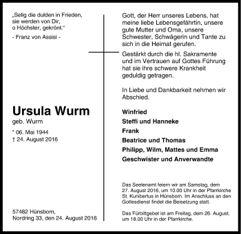 Traueranzeige von Ursula Wurm von Tageszeitung