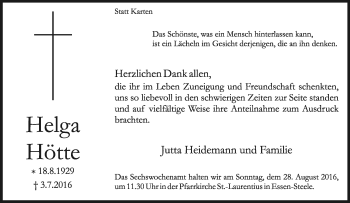 Traueranzeige von Helga Hötte von Tageszeitung