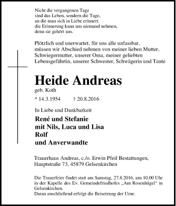 Traueranzeige von Heide Andreas von Tageszeitung