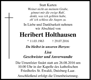 Traueranzeige von Heribert Holthausen von Tageszeitung