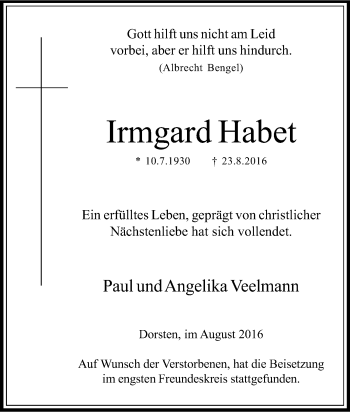 Traueranzeige von Irmgard Habet von Tageszeitung