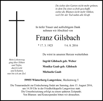 Traueranzeige von Franz Gilsbach von Tageszeitung