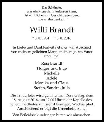 Traueranzeige von Willi Brandt von Tageszeitung