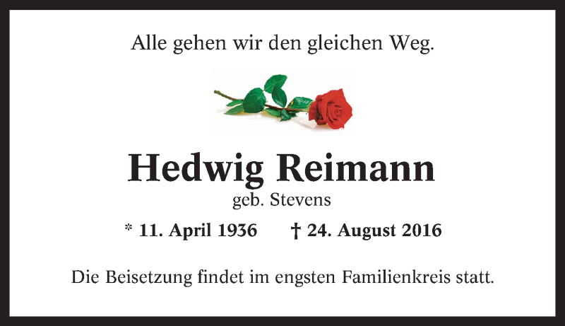  Traueranzeige für Hedwig Reimann vom 27.08.2016 aus Tageszeitung