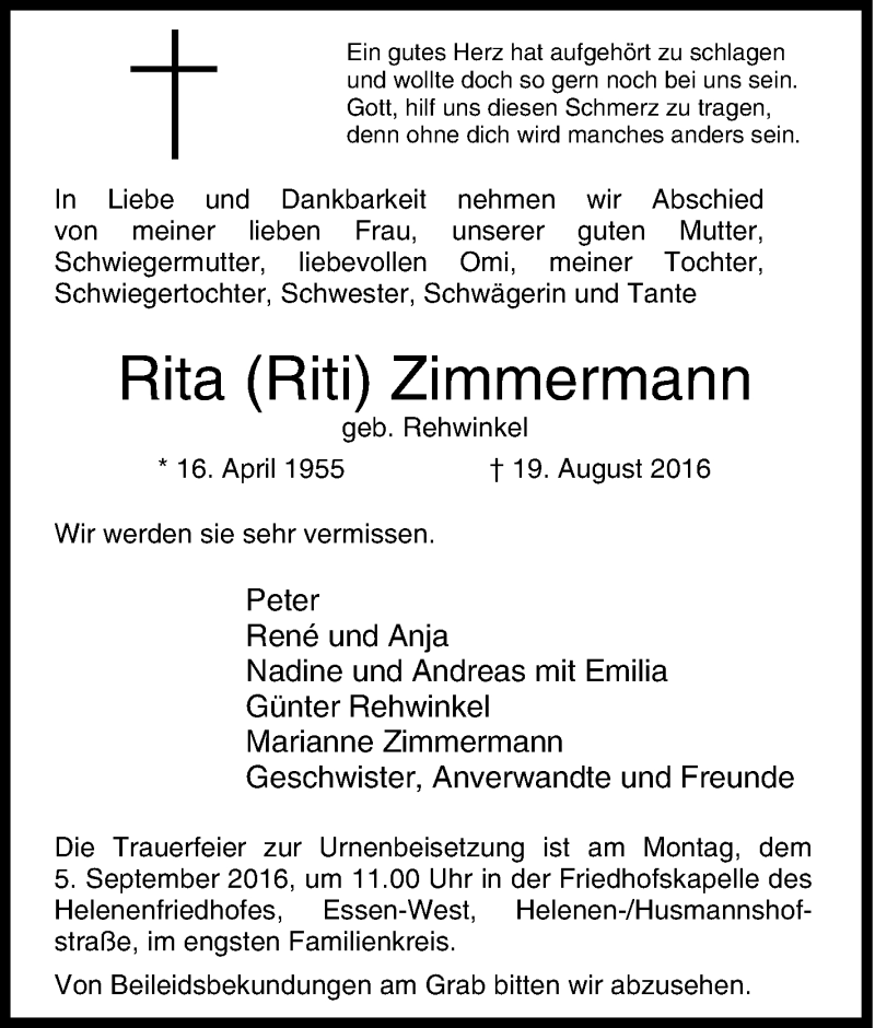  Traueranzeige für Rita Zimmermann vom 31.08.2016 aus Tageszeitung