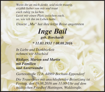 Traueranzeige von Inge Bail von Tageszeitung
