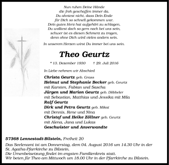 Traueranzeige von Theo Geurtz von Tageszeitung