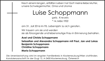 Traueranzeige von Luise Schoppmann von Tageszeitung