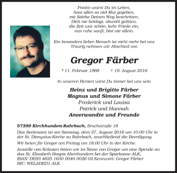 Traueranzeige von Gregor Färber von Tageszeitung