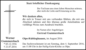 Traueranzeige von Werner Gummersbach von Tageszeitung