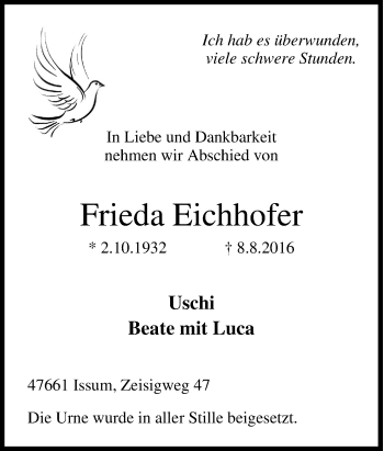Traueranzeige von Frieda Eichhofer von Tageszeitung