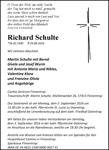 Traueranzeige von Richard Schulte von Tageszeitung