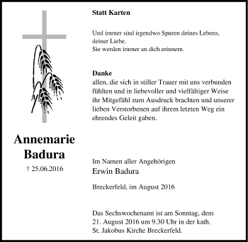 Traueranzeige von Annemarie Badura von Tageszeitung