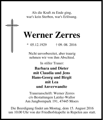 Traueranzeige von Werner Zerres von Tageszeitung