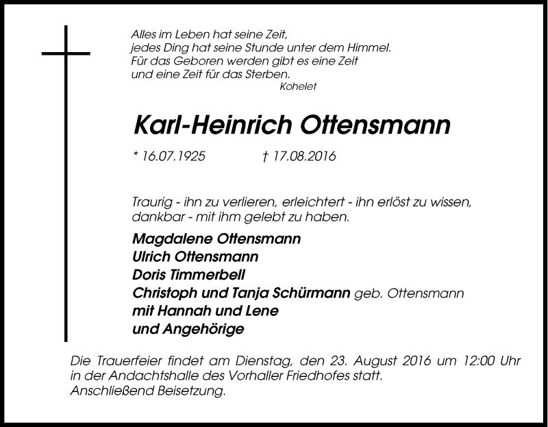  Traueranzeige für Karl-Heinrich Ottensmann vom 22.08.2016 aus Tageszeitung