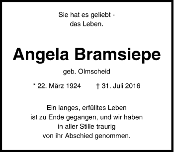 Traueranzeige von Angela Bramsiepe von Tageszeitung