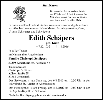 Traueranzeige von Edith Schäpers von Tageszeitung