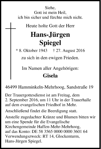 Traueranzeige von Hans-Jürgen Spiegel von Tageszeitung