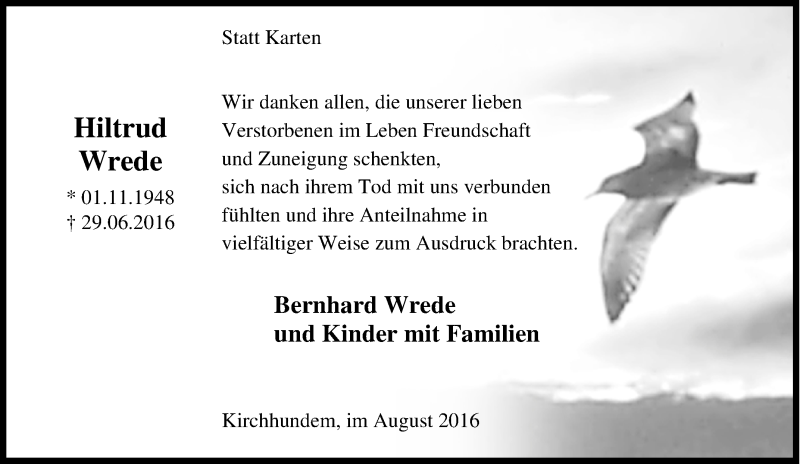  Traueranzeige für Hiltrud Wrede vom 20.08.2016 aus Tageszeitung