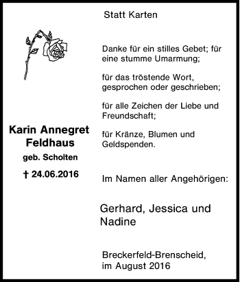 Traueranzeige von Karin Annegret Feldhaus von Tageszeitung