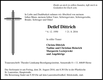 Traueranzeige von Detlef Dittrich von Tageszeitung