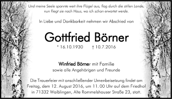Traueranzeige von Gottfried Börner von Tageszeitung