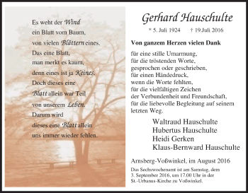 Traueranzeige von Gerhard Hauschulte von Tageszeitung