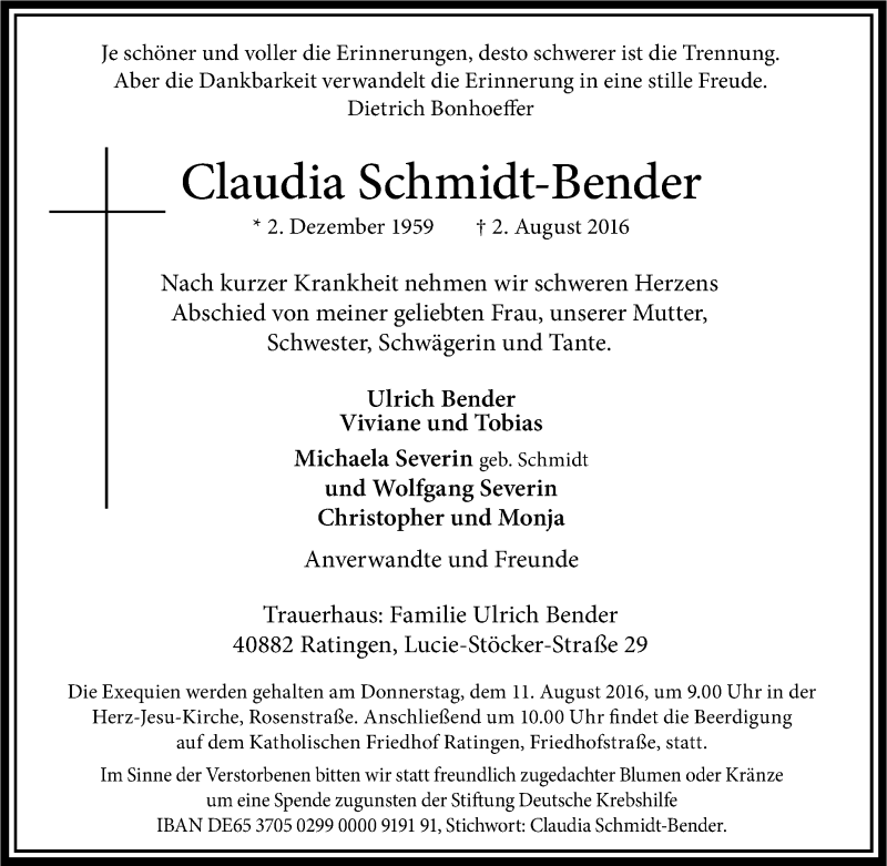  Traueranzeige für Claudia Schmidt-Bender vom 06.08.2016 aus Tageszeitung