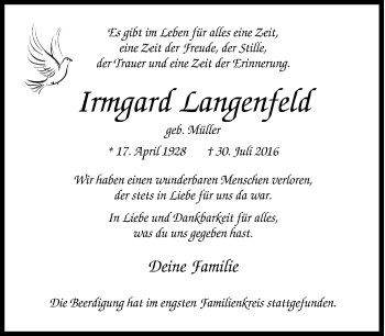 Traueranzeige von Imgard Langenfeld von Tageszeitung