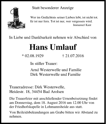 Traueranzeige von Hans Umlauf von Tageszeitung