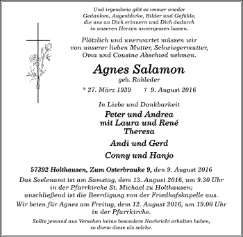 Traueranzeige von Agnes Salamon von Tageszeitung