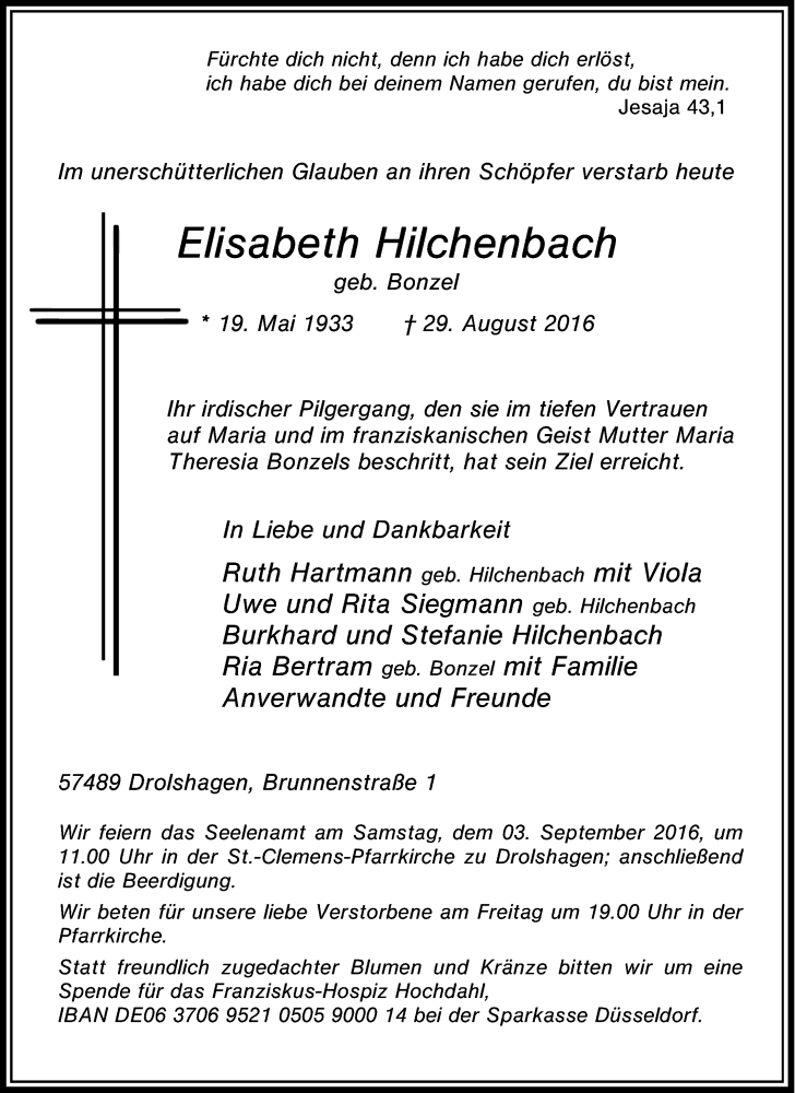  Traueranzeige für Elisabeth Hilchenbach vom 31.08.2016 aus Tageszeitung