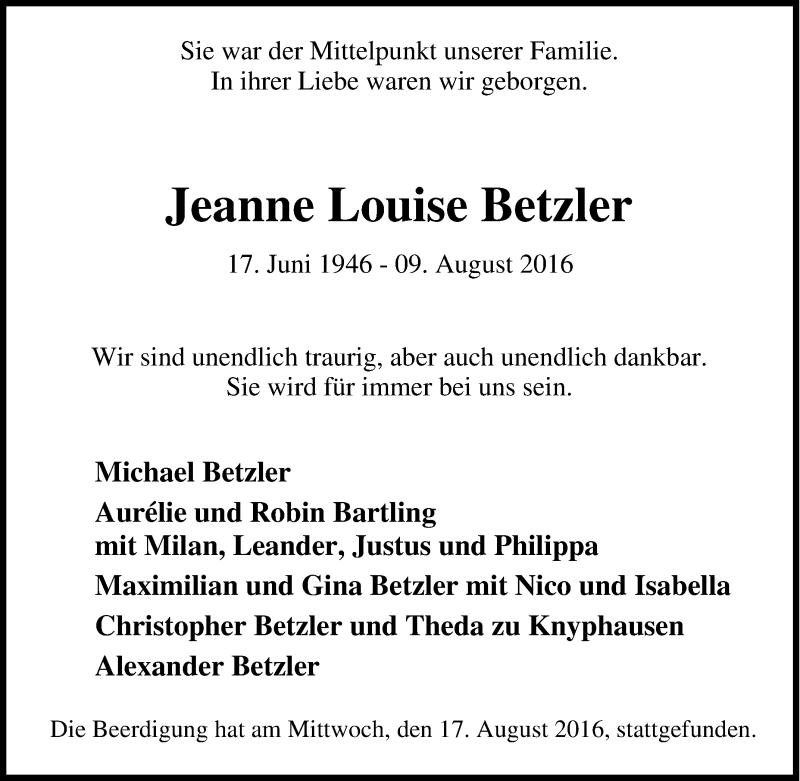  Traueranzeige für Jeanne Louise Betzler vom 20.08.2016 aus Tageszeitung