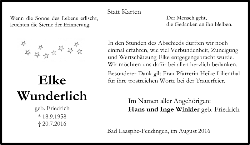  Traueranzeige für Elke Wunderlich vom 30.08.2016 aus Tageszeitung
