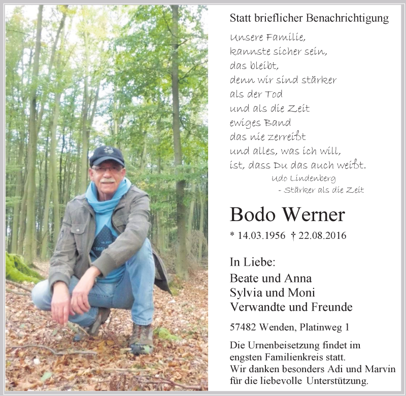  Traueranzeige für Bodo Werner vom 25.08.2016 aus Tageszeitung